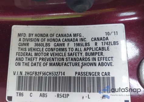 2012 Honda Civic Lx из США, поврежденный, VIN 2HGFB2F56CH532714